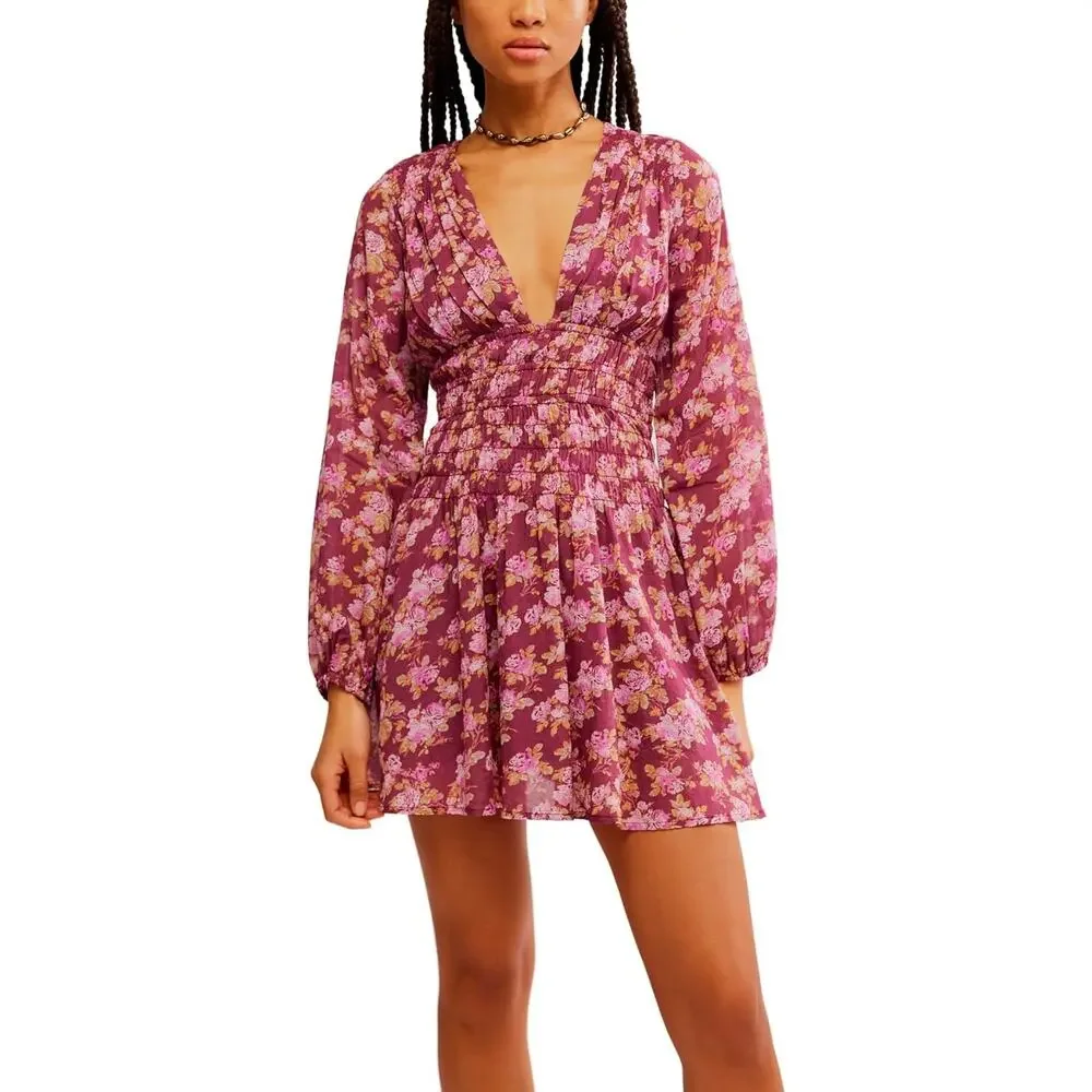 Free People Mini Dress Keep You Floral Long Sleeve Deep V-Neck Berry Combo Sz L